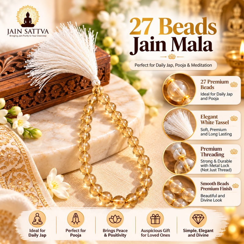 Golden-Toned Crystal-Finish Beads on a Jain Jaap Mala