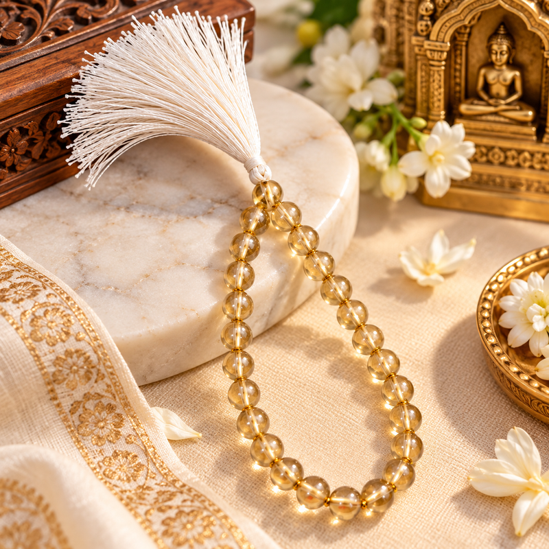 Close-Up of Smooth Golden Crystal-Finish Jain Mala Beads