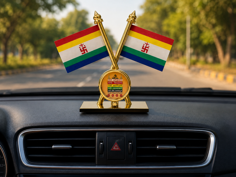 Jain Flag with Namokar Mantra stand for car dashboard