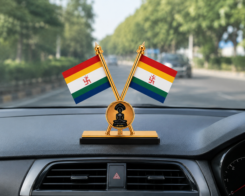 Jain Panchrang Dhwaj with Lord Parshwanath Stand - Car Dashboard & Office Desk Decor