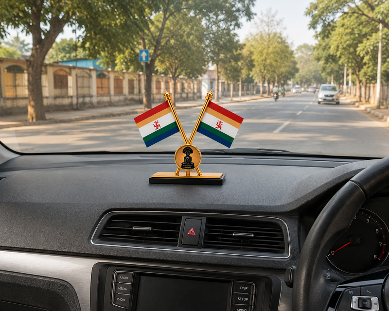 Jain Panchrang Dhwaj with Lord Parshwanath Stand - Car Dashboard & Office Desk Decor