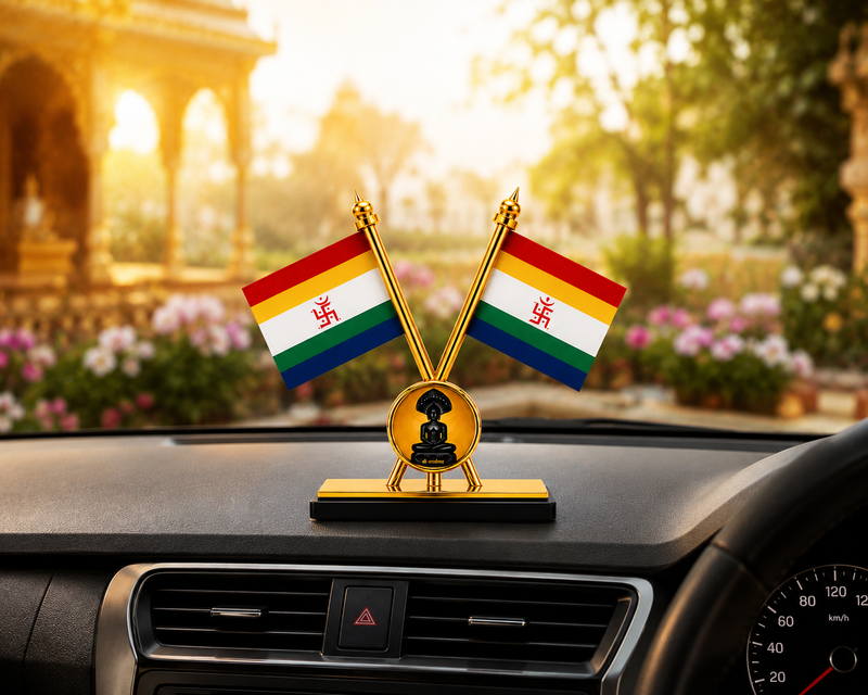 Jain Panchrang Dhwaj with Lord Parshwanath Stand - Car Dashboard & Office Desk Decor