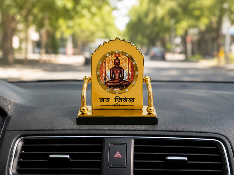 Mahavir Bhagwan Golden Dashboard Stand for Car Dashboard, Office Desk and Home Mandir by Jain Sattva