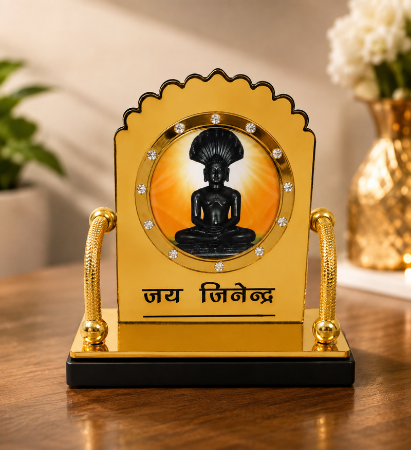 Premium Parshwanath Bhagwan Golden Stand for Jain Car Dashboard Decor Office Table and Spiritual Home Decor