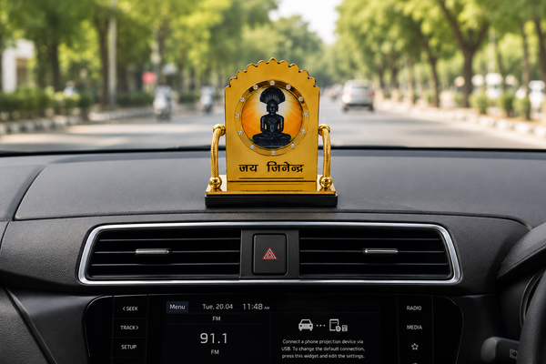Parshwanath Bhagwan Golden Dashboard Stand with Yellow Background for Car Dashboard Office Desk and Home Mandir by Jain Sattva
