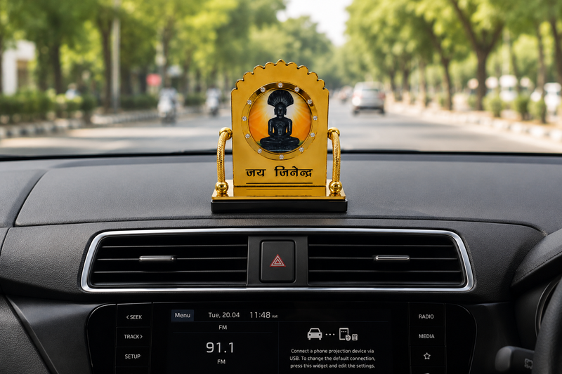 Parshwanath Bhagwan Golden Dashboard Stand with Yellow Background for Car Dashboard Office Desk and Home Mandir by Jain Sattva