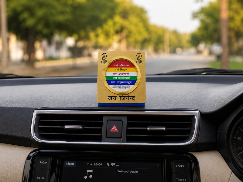 Namokar Mantra Golden Stand for Car Dashboard Office Desk and Home Mandir by Jain Sattva