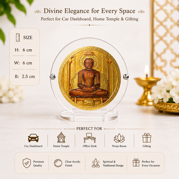 Gold Plated Mahavir Bhagwan Round Photo with Transparent Acrylic Stand for Car Dashboard, Home & Office