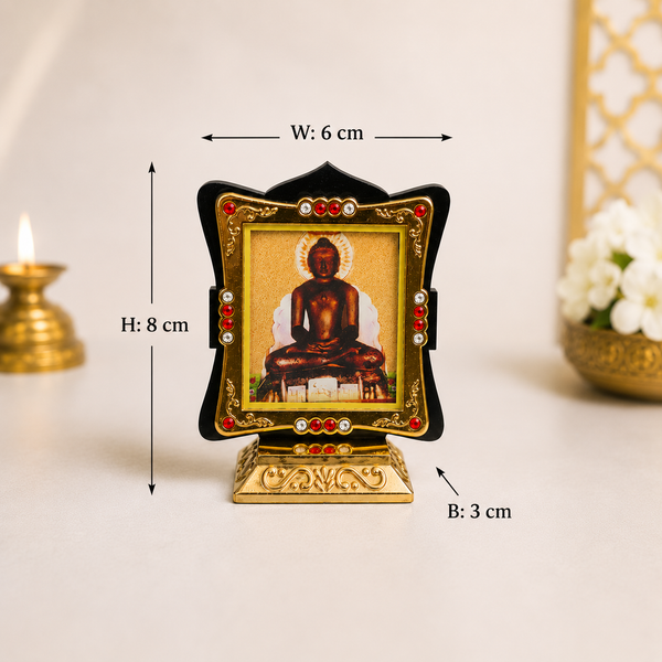Mahavir Bhagwan Golden Frame with Black Finish & Golden Stand for Car Dashboard, Office Desk & Home Temple