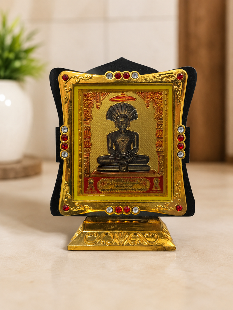 Parshwanath Bhagwan Golden Frame with Black Finish & Golden Stand for Car Dashboard, Office Desk & Home Temple