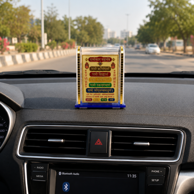 Golden Plated Namokar Mantra Mini Temple for Car Dashboard