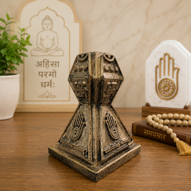 Decorative Rustic Golden Jain Emblem Sculpture for Jainism Lovers