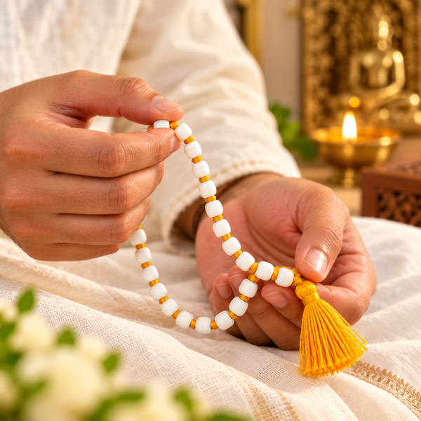 27 Beads White Wooden Jain Mala with Yellow Thread for Jaap & Pooja