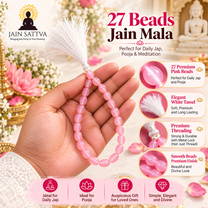 27 Beads Pink Crystal Jain Mala with White Tassel