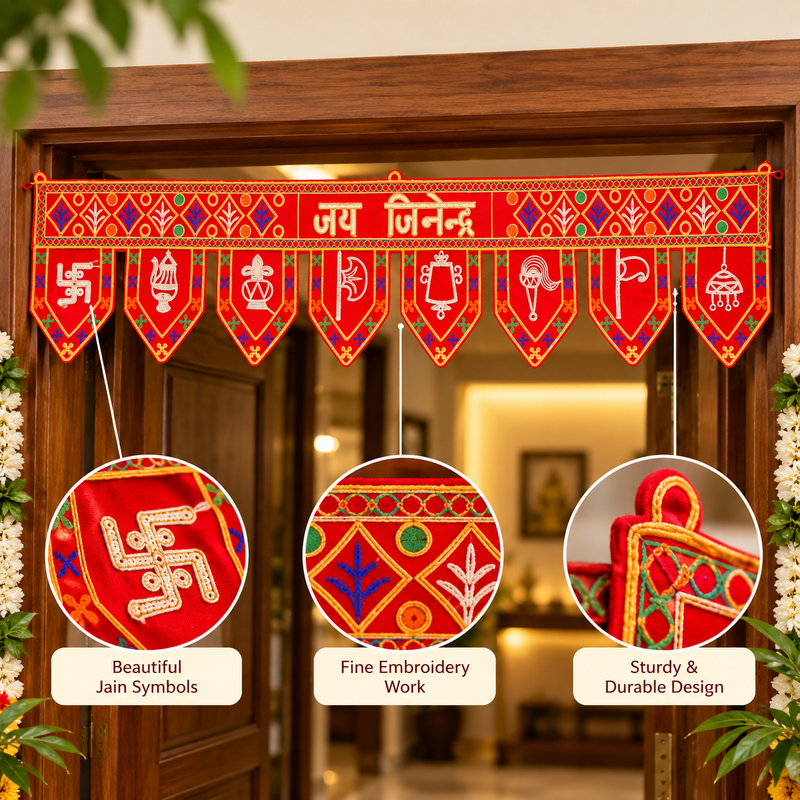 Red Jain Toran with Jai Jinendra & Ashtmangal Symbols | Jain Sattva