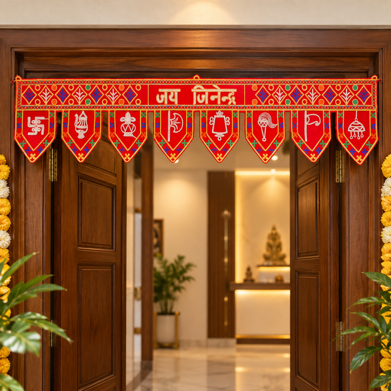 Red Jain Toran with Jai Jinendra & Ashtmangal Symbols | Jain Sattva