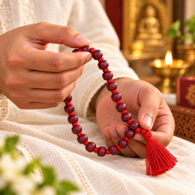 27 Beads Red Wooden Jain Mala with Red Tassel