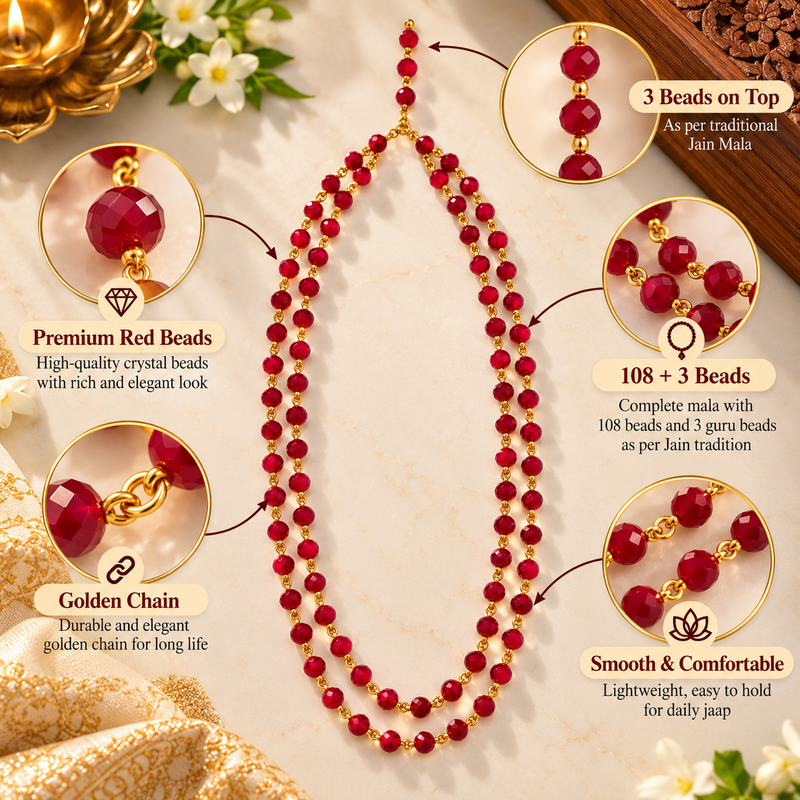 Premium Red Crystal-Finish Manke on Jain Jaap Mala