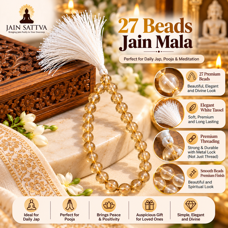 27 Beads Golden Crystal Jain Mala with White Tassel