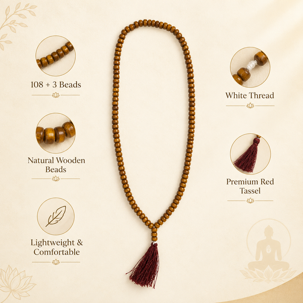 108 Beads Wooden Jain Mala (Manke) with Red Tassel for Jaap & Pooja