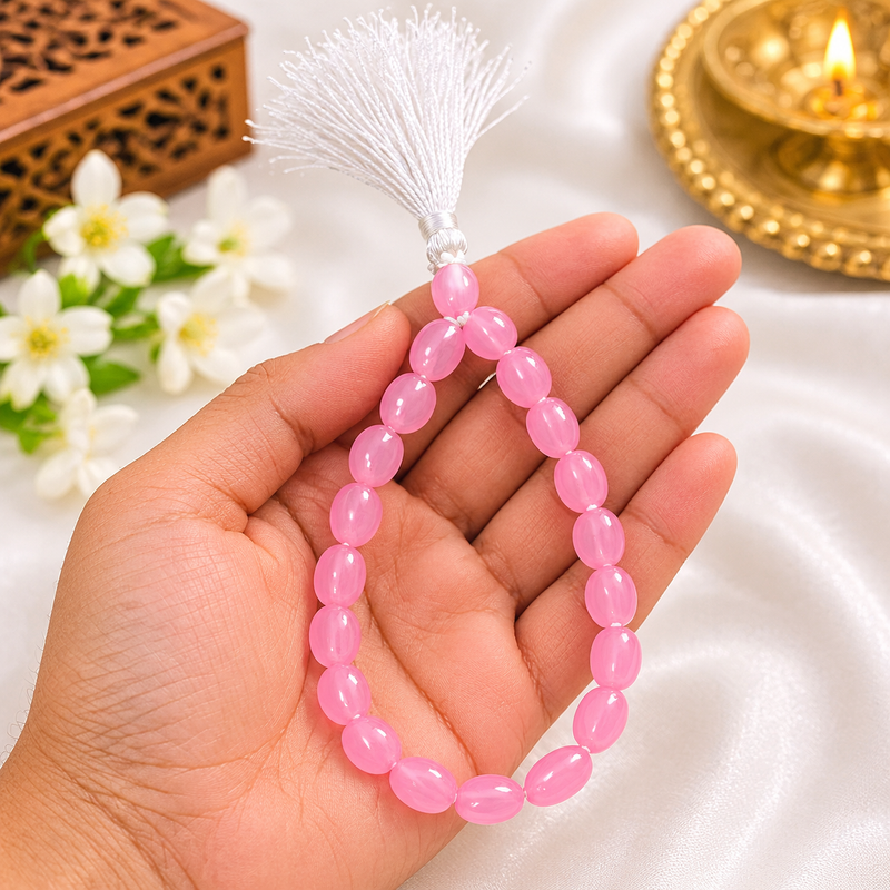 White Tassel and Metal Lock on Pink Jain Mala