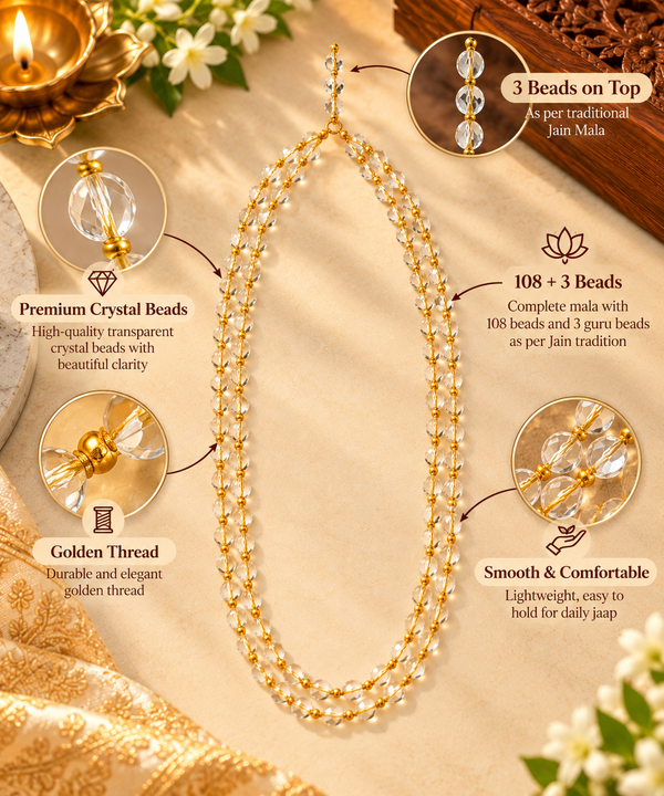 108 Beads Crystal Jain Mala with Golden chain for Jaap & Pooja