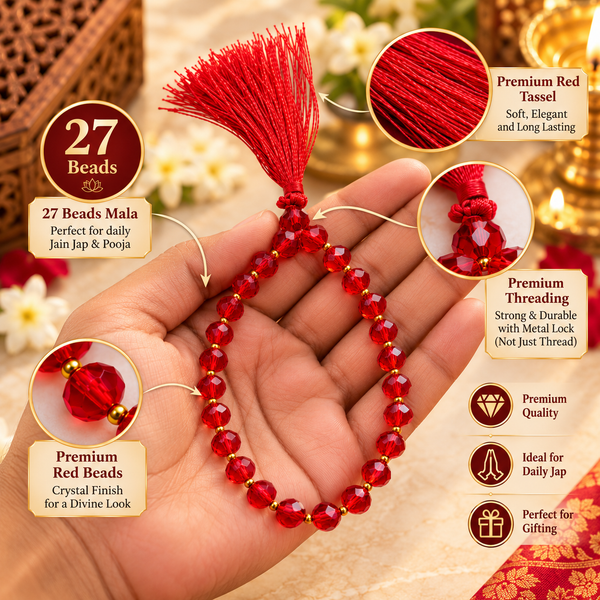 27 Beads Red Crystal Jain Mala for Jaap & Pooja