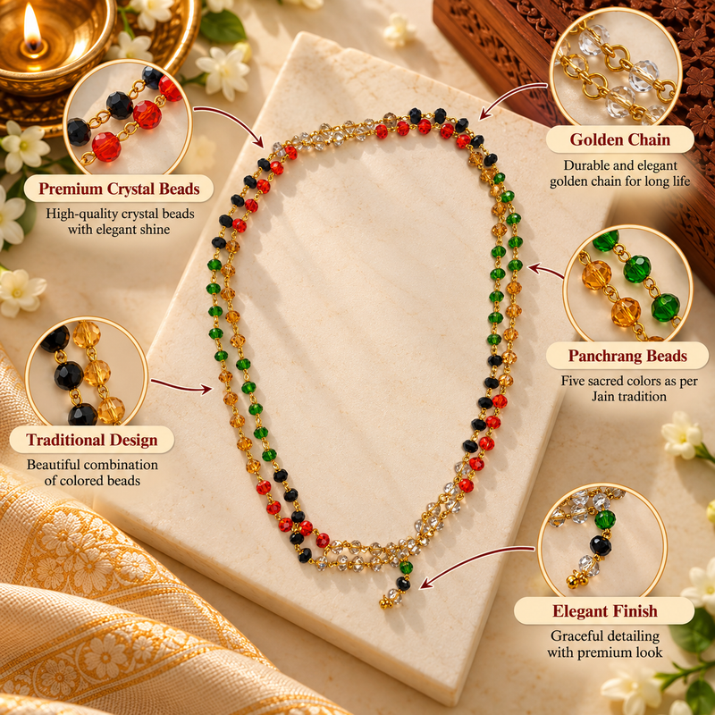 Red, Yellow, White, Green and Dark Beads on Panchrang Jain Mala