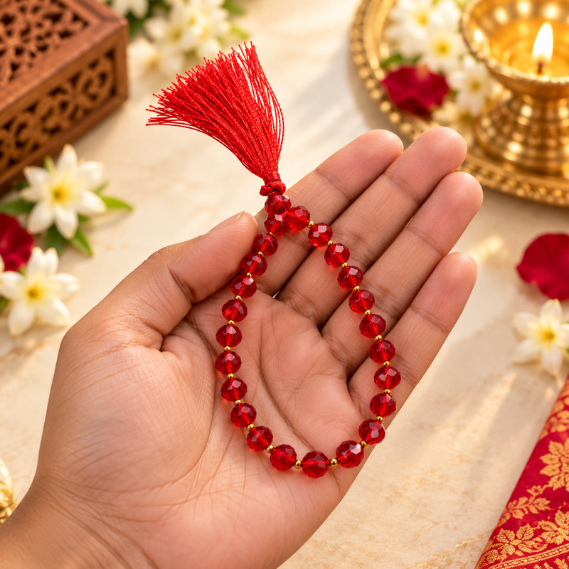 Red Crystal-Finish Beads of 27 Beads Jain Mala