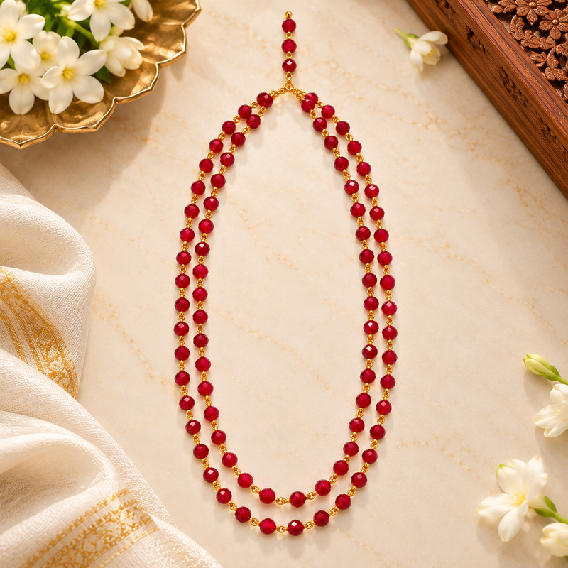 108 Beads Red Crystal Jain Mala with Golden Chain