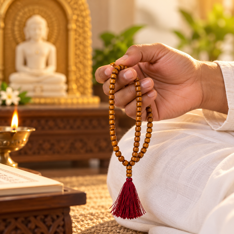 108 Beads Wooden Jain Mala with Brown Manke and Red Tassel