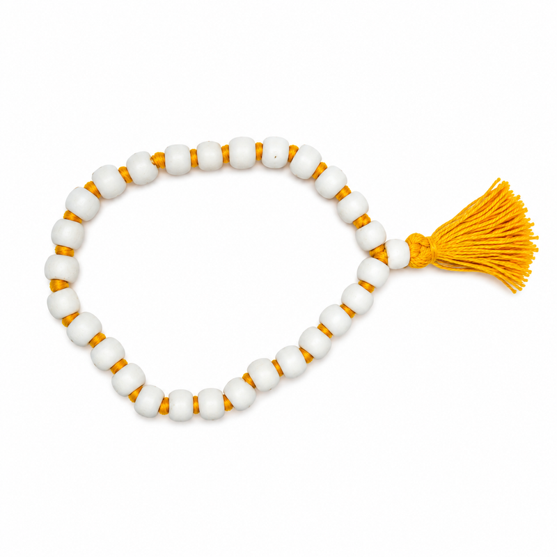 Yellow Threading Between White Wooden Jain Mala Beads